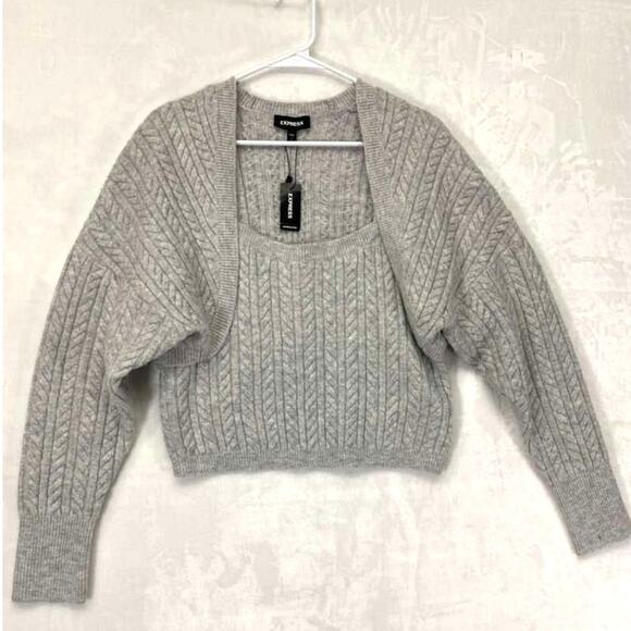 Express Gray Cable Knit Sweater Shrug 2 pc set with matching Cropped Tank Sz L - Picture 2 of 12
